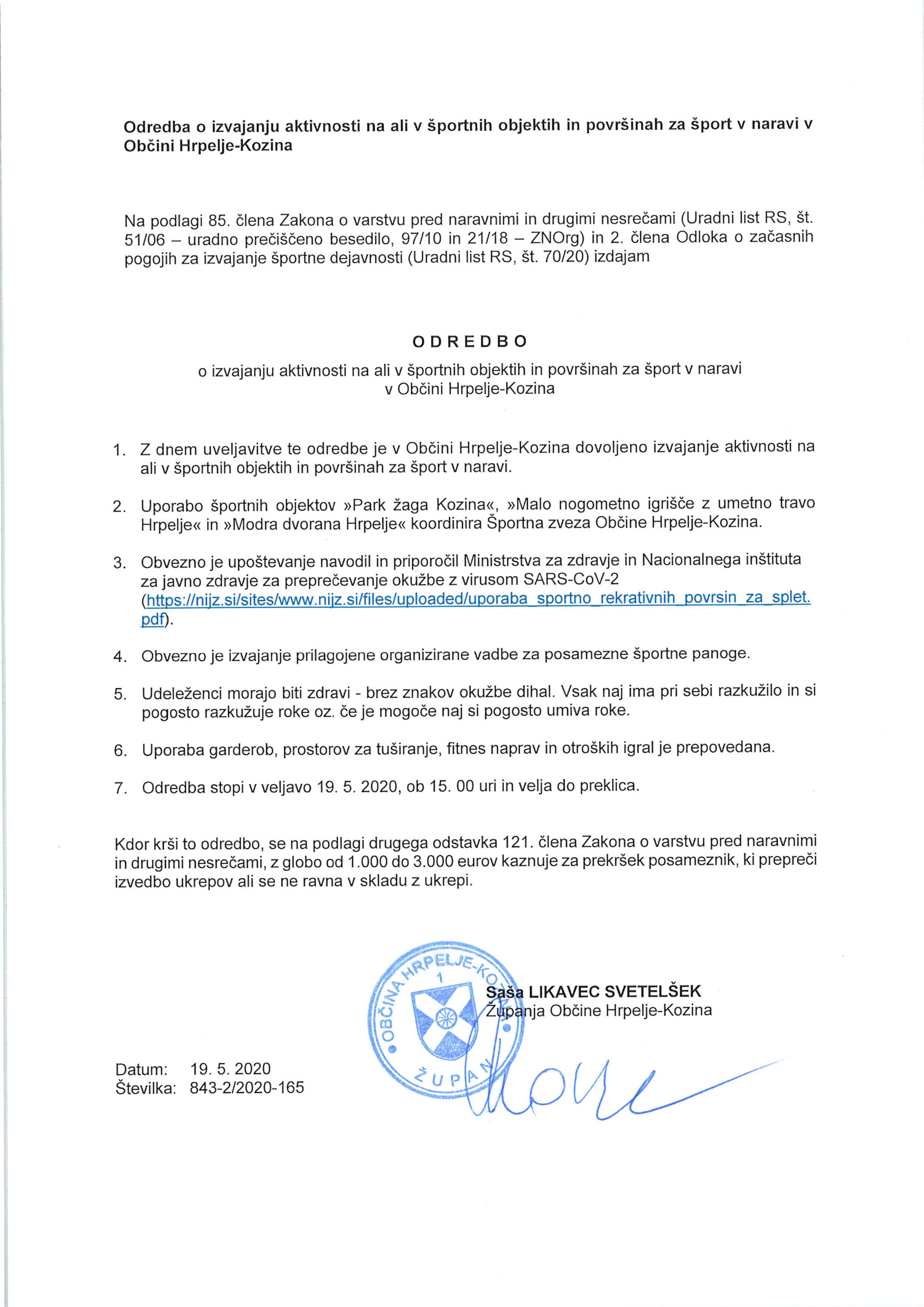 Odredba o izvajanju aktivnosti na ali v športnih objektih in površinah za šport v naravi v Občini Hrpelje-Kozina